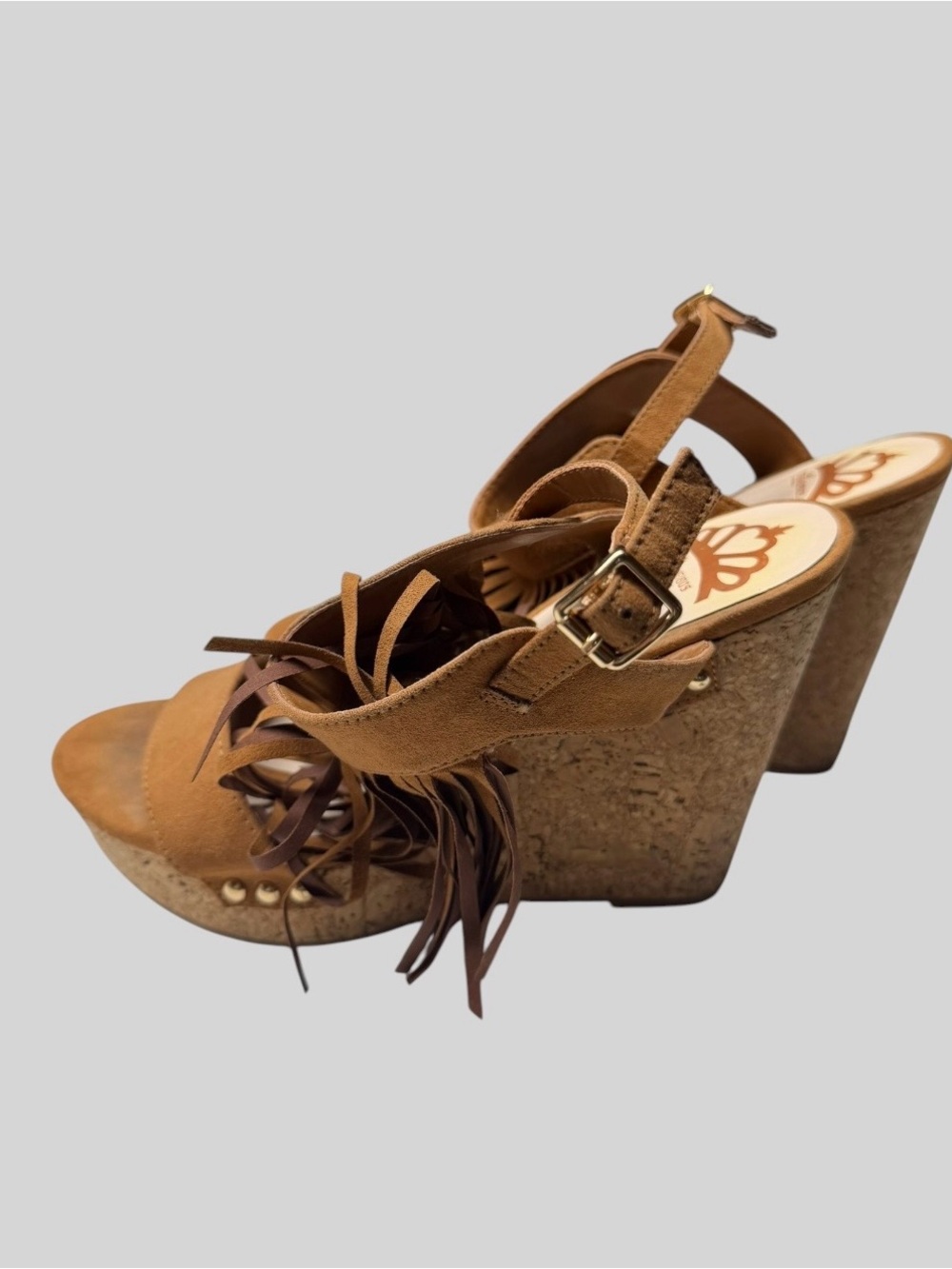 Fergalicious Tan Suede Fringe Cork Wedge Sandals - Picture 4 of 6